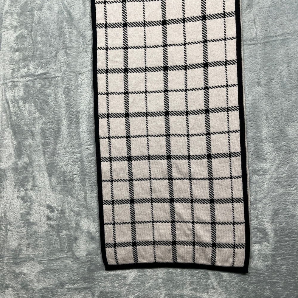 Coach Scarf Black Ivory Reversible Plaid Wool Cotton Knit Leather Logo - Picture 12 of 16